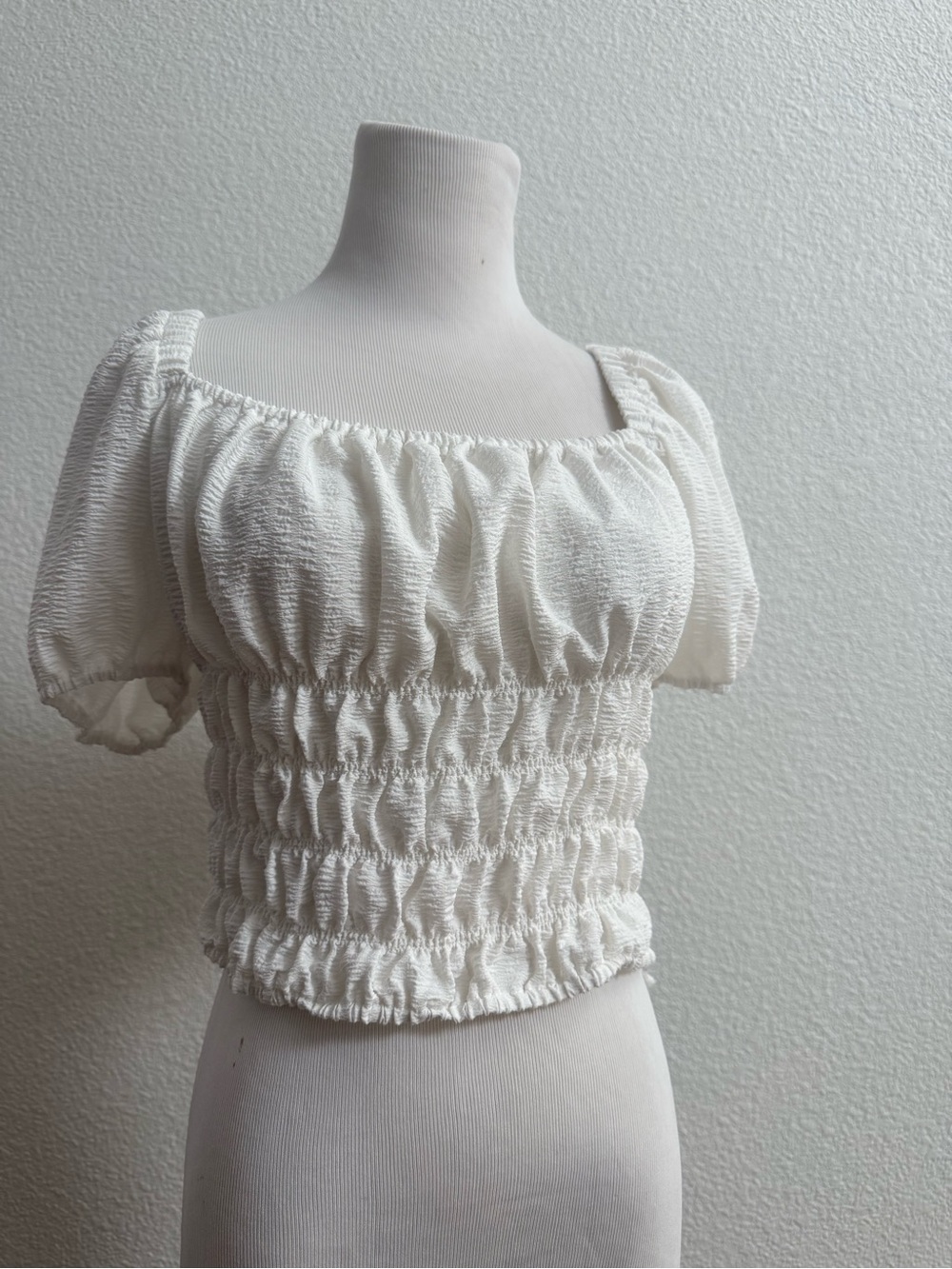 White Smocked Square-Neck Crop Top